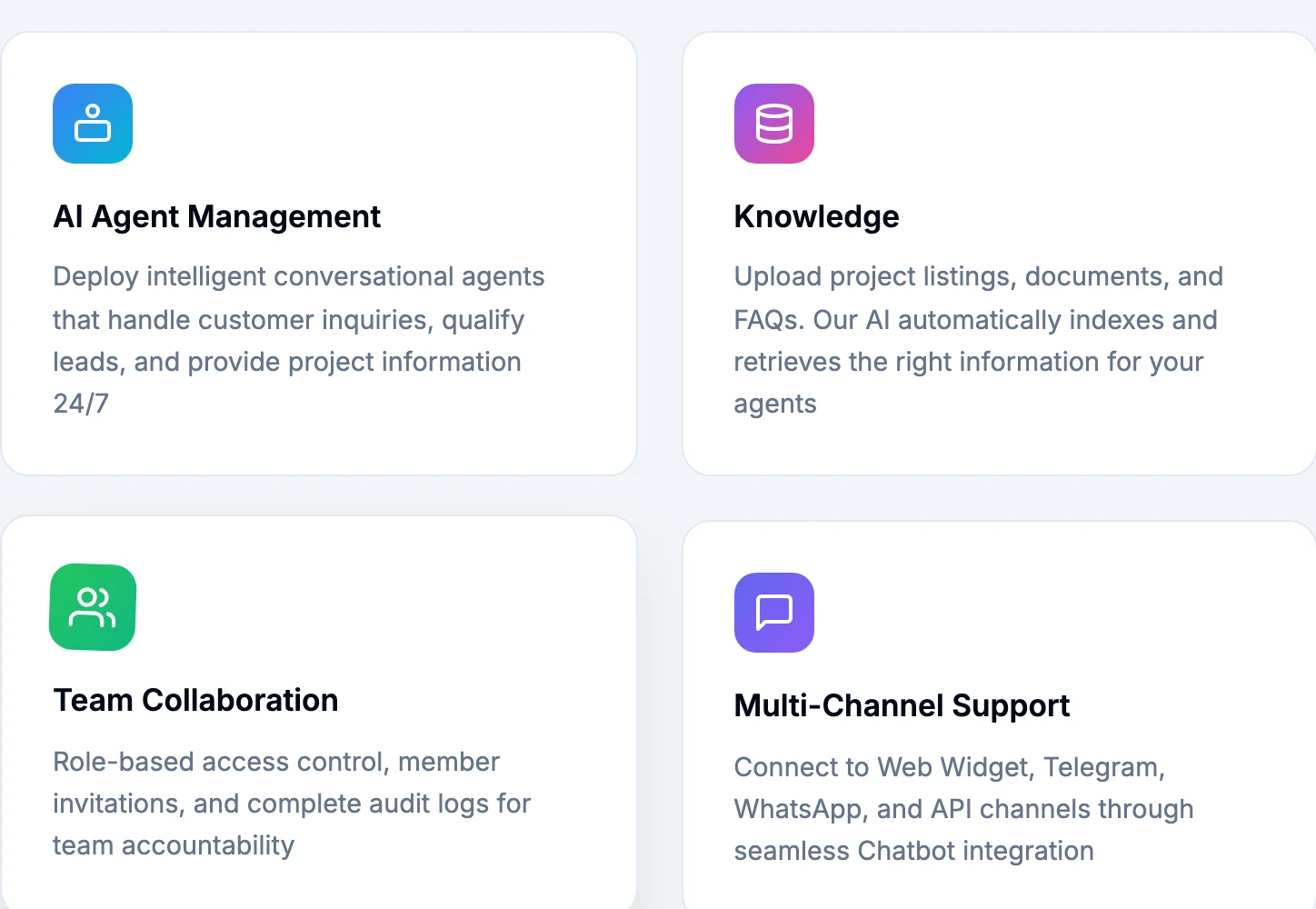 Módulos de PropPilot: gestión de agentes IA, base de conocimiento, equipos y omnicanal
